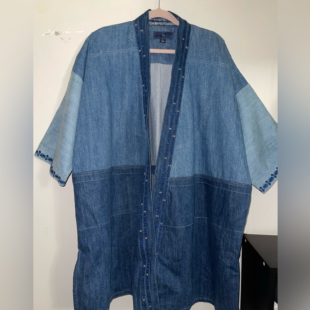 - Lucky Brand Beautiful Denim Boho Embroidered Open Paneled Kimono Cardigan